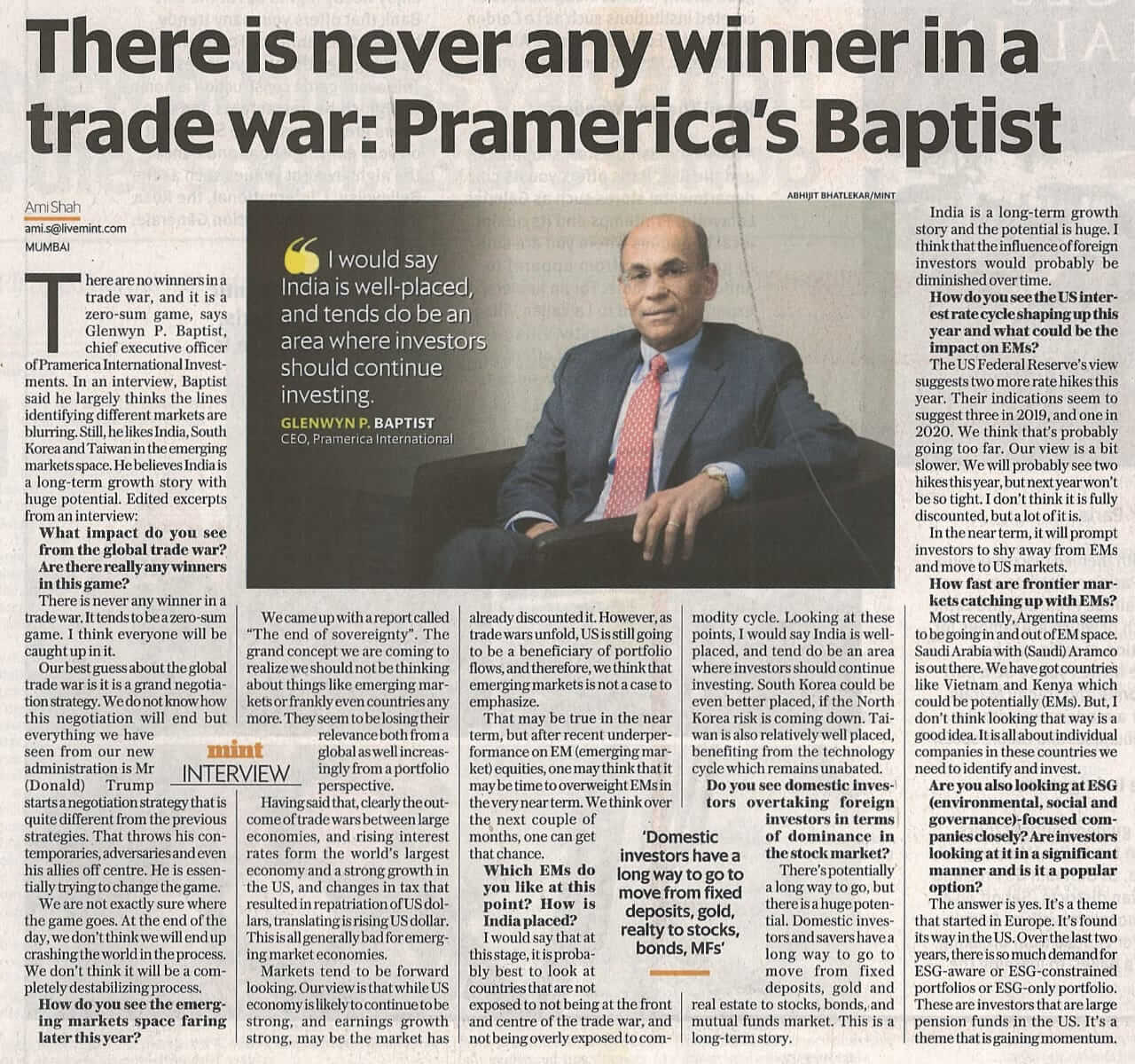 here is never any winner in a trade war: Pramerica's Baptist